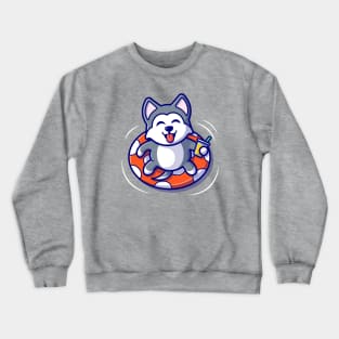 Cute Husky Dog Floating With Swimming Tires Crewneck Sweatshirt